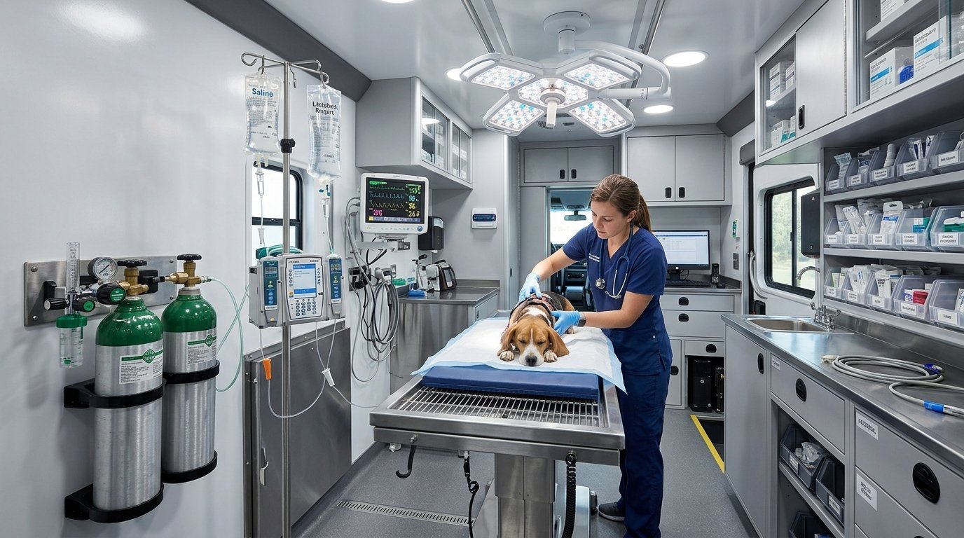 Concept blueprint of interior mobile veterinary ICU surgical suite