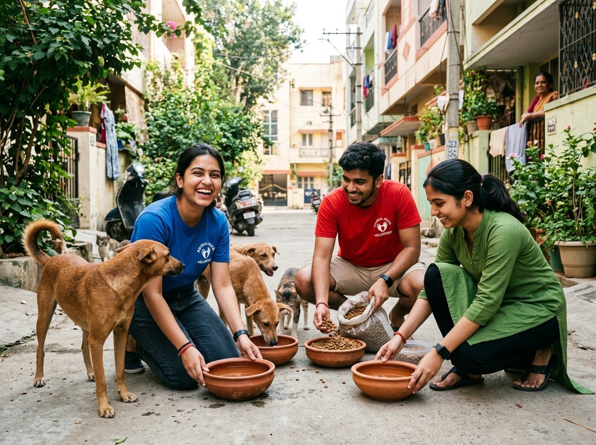 Volunteers assisting animal feeding drives and rescue transport